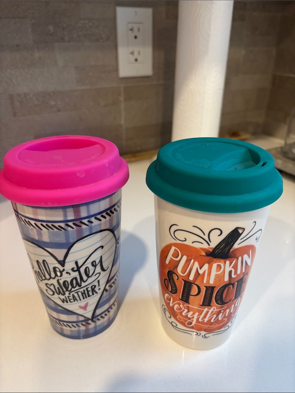 Ceramic Travel Mugs with Silicone Lids - Pink & Teal